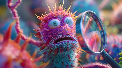 Develop a 3D animation of a bacteria character looking through a magnifying glass at skin pores, educating viewers on the importance of keeping pores clear, vibrant color - obrazy, fototapety, plakaty