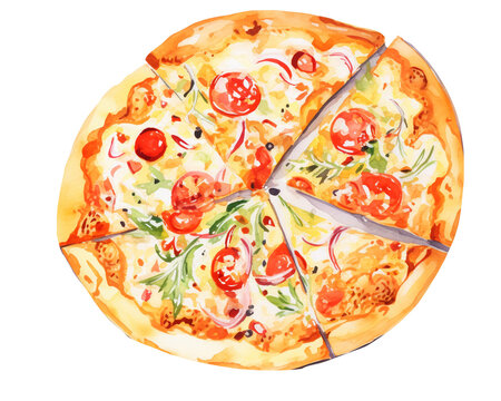 Pizza, single object , food, watercolor illustration isolated on white background for removing background , Isolate, Japanese style, watercolor