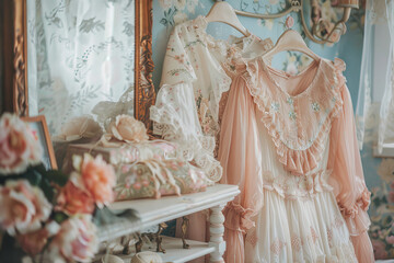 Fototapeta na wymiar Elegant Vintage Dresses in Pastel Floral Room Decor