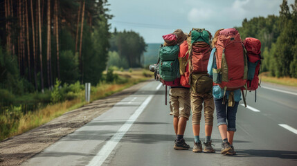 Enthusiastic group of travelers with backpacks walking along a road by the dense forest