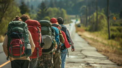 An image highlighting a group of young travelers with large backpacks journeying along a countryside road