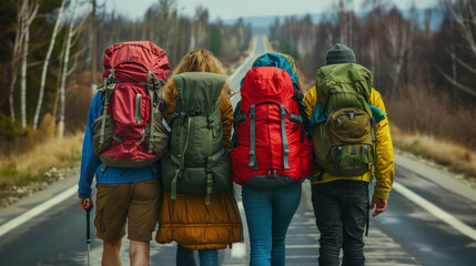 A close-up shot capturing a group of adventurers with colorful backpacks on a highway amidst nature