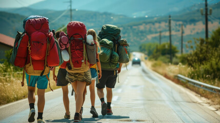 A vibrant photo capturing a quartet of hikers walking on a sun-drenched road with backpacks