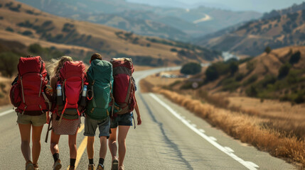 A group of four backpackers walk on a deserted road amidst golden hills under the bright sun, showcasing camaraderie and wanderlust