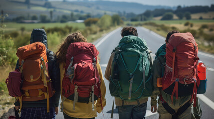 Four hikers with large backpacks walk down a country road surrounded by green pastures, depicting rural travel and an adventurous spirit