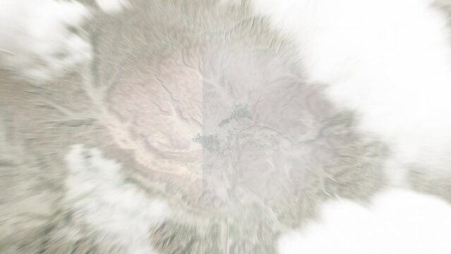 Earth zoom in from space to Tarim, Yemen. Followed by zoom out through clouds and atmosphere into space. Satellite view. Travel intro. Images from NASA