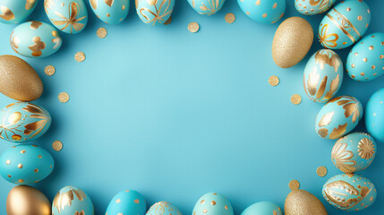 A blue background with gold and blue eggs. The eggs are arranged in a circle and are decorated with gold