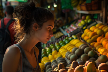 A young woman looks at fresh fruit at the weekly market - obrazy, fototapety, plakaty