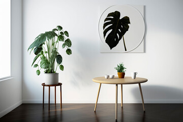 A minimalist room with a potted plant, table with another plant and cups, and a wall art of a leaf