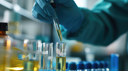 Chemist in a medical research laboratory, doing experiments, view of his hand.