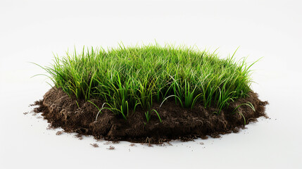 3D depiction of round soil ground with earth and lush green grass on white.