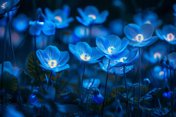 Enchanting Blue Illuminated Flowers at Twilight