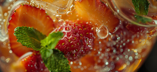 Summer fruit cocktail with fresh mint close up detail background. Refreshing concept banner.