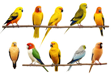 Fototapeta premium Colorful Birds Perched on a Branch. On a Clear PNG or White Background.