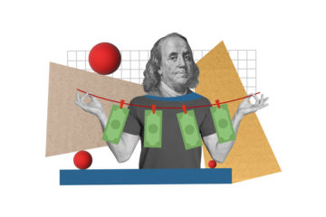 Creative abstract template graphics collage image of money guy washing drying cash isolated drawing background