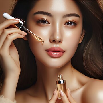 A serene model delicately applies golden serum, her flawless skin the canvas for this daily beauty ceremony. The serum's radiance enhances her peaceful demeanor. AI generation