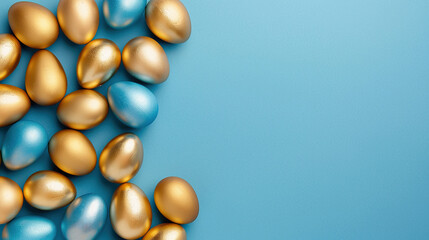 A blue and gold egg pattern is on a blue background. The eggs are arranged in a way that they look like they are in a row
