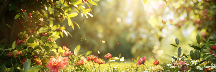 Enchanting Springtime Blossoms in Sunlit Garden Scene