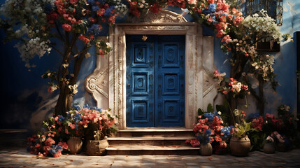 Fototapeta na wymiar Enchanting Floral Tapestry: A Vibrant Wall adorned with a Myriad of Flowers framing a Rustic Blue Wooden Door, Inviting Serenity and Charm