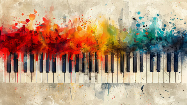 Colorful piano covered in paint splatters