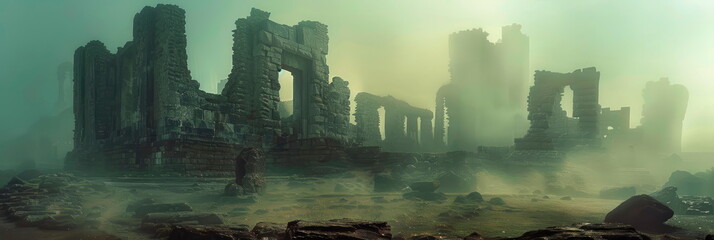 mysterious ancient ruin emerging from the mist, its crumbling walls painted in the enchanting style of watercolor. - obrazy, fototapety, plakaty
