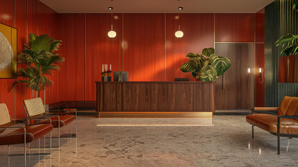 A lobby evoking retro vibes, boasting a reception desk adorned with sleek mid-century modern elements, invoking nostalgia and timeless sophistication.