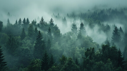 Enigmatic Misty Forest Landscape in Cool Tones