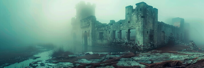 mysterious ancient ruin emerging from the mist, its crumbling walls painted in the enchanting style of watercolor.