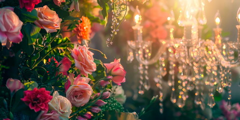 Opulent Garden Party backdrop with a mix of blooming flowers, lush greenery, and luxurious accents such as crystal chandeliers - obrazy, fototapety, plakaty