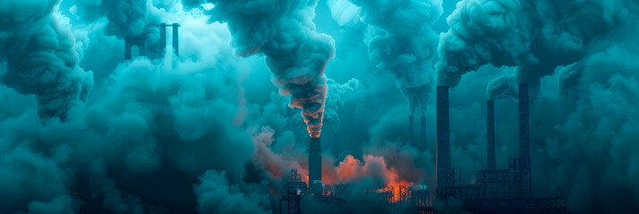 ominous clouds of smoke billowing from factory chimneys, symbolizing the environmental impact of industrial pollution. - obrazy, fototapety, plakaty