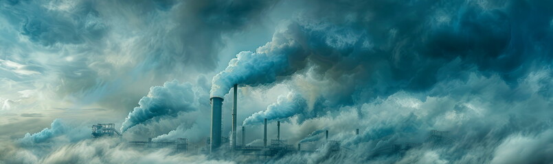 ominous clouds of smoke billowing from factory chimneys, symbolizing the environmental impact of industrial pollution.