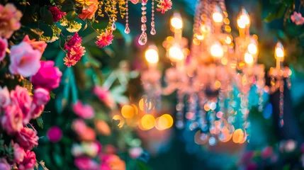 Fototapeten Opulent Garden Party backdrop with a mix of blooming flowers, lush greenery, and luxurious accents such as crystal chandeliers © Maximusdn