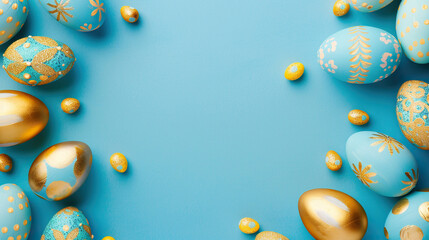 A blue background with gold and blue eggs scattered around it. Scene is cheerful and festive