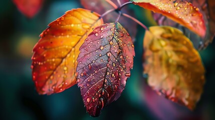 Raindrops on colorful autumn leaves.