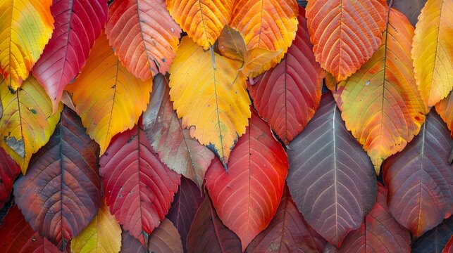 Colorful autumn leaves background. The leaves are in various shades of red, orange, yellow, and green. The background is a blur of brown branches.