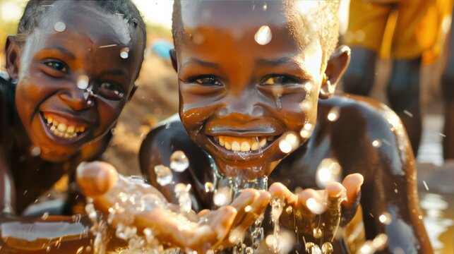 African children smiling and putting hand in clean water, 