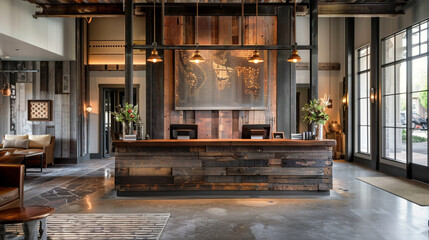 Fototapeta na wymiar A lobby fusion of old-world charm and modern luxury, with a reception desk crafted from reclaimed wood and antique brass accents amidst contemporary elegance.