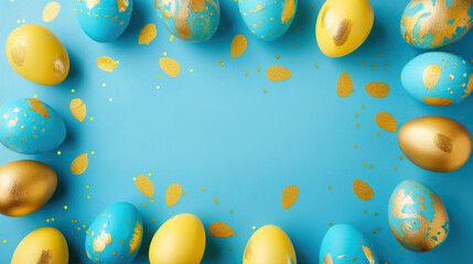 A blue and yellow background with gold and blue eggs scattered around it. The eggs are of different sizes and colors, and they are placed in a circular pattern. Scene is cheerful and festive