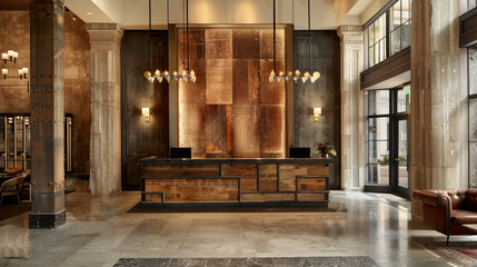 A lobby merging old-world charm with modern luxury, showcasing a reception desk of reclaimed wood and antique brass accents amid sleek contemporary design. - obrazy, fototapety, plakaty