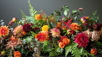 A stunning floral arrangement with a variety of flowers in shades of red, orange, and yellow.