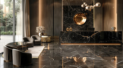 A modern interpretation of luxury, with a reception desk of sleek black marble and brushed gold accents exuding opulence in the lobby. - obrazy, fototapety, plakaty