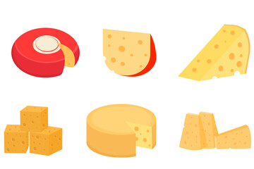 Set of cheese parts and slices isolated on a white background. Cheese flat icon. Vector Head of cheese in flat style isolated on white background