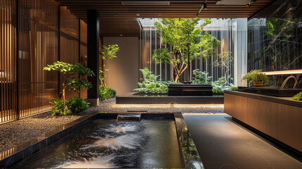 A serene oasis amidst the lobby hustle, featuring a simple reception area encircled by flowing water elements, inducing a tranquil Zen-like ambiance for guests.