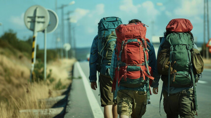 Three friends with backpacks trekking along a sunny rural road, embodying adventure and camaraderie