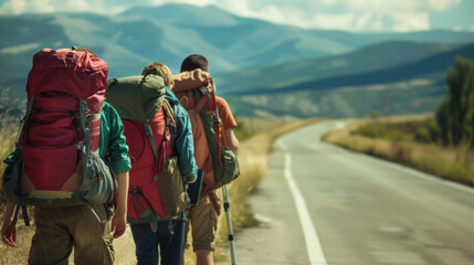 A line of backpackers make their way on a rural road, heading towards mountainous horizons under a vast sky