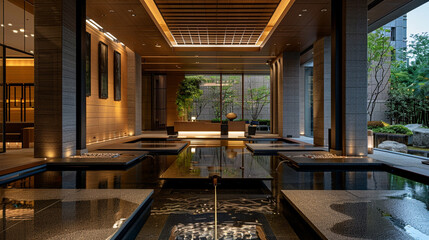 A serene oasis amidst the lobby hustle, featuring a simple reception area encircled by flowing water elements, inducing a tranquil Zen-like ambiance for guests.