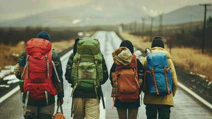 Four backpackers in winter gear trekking on a desolate snowy road toward mountains