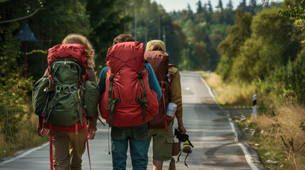 Three backpackers walk on a countryside road, surrounded by lush greenery, symbolizing discovery and togetherness