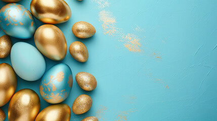 A blue and gold egg is surrounded by other eggs. The eggs are arranged in a circle, with some of them overlapping. Scene is cheerful and playful, as the eggs are often associated with Easter