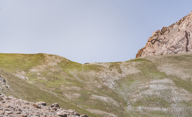 Ziyorat pass overgrown with fresh green grass in the Fan Mountains in Tajikistan on a sunny summer day